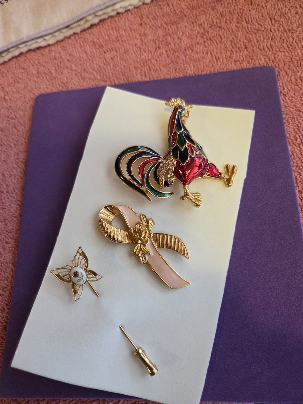 Colorful Enamel Rooster & Ribbon Brooch Set - Gold Tone
